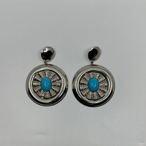 Unique Huge Silvertone and Faux Turquoise Earrings